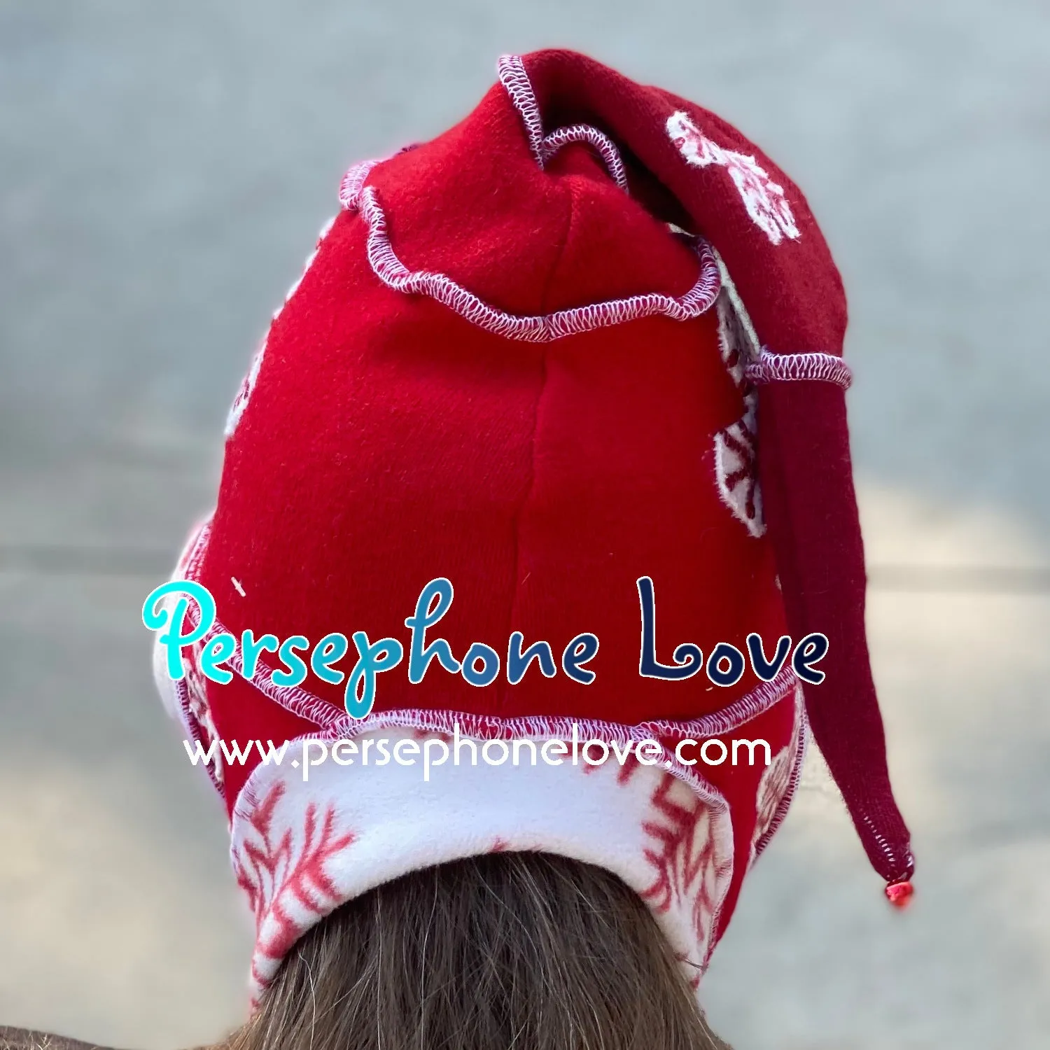 Katwise inspired red white snowflake felted 100% cashmere/fleece sequin recycled sweater elf hat-1440