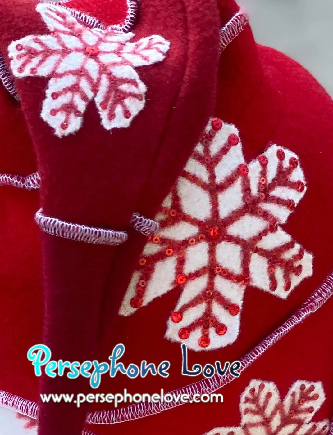 Katwise inspired red white snowflake felted 100% cashmere/fleece sequin recycled sweater elf hat-1440