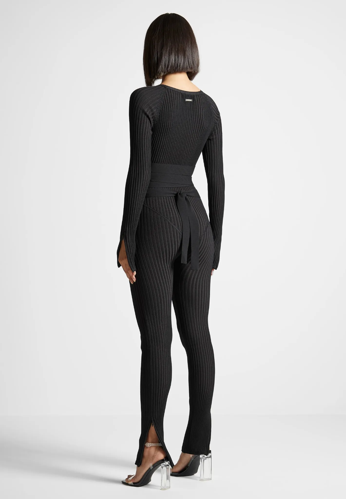 Knitted Two Tone Jumpsuit with Belt - Black