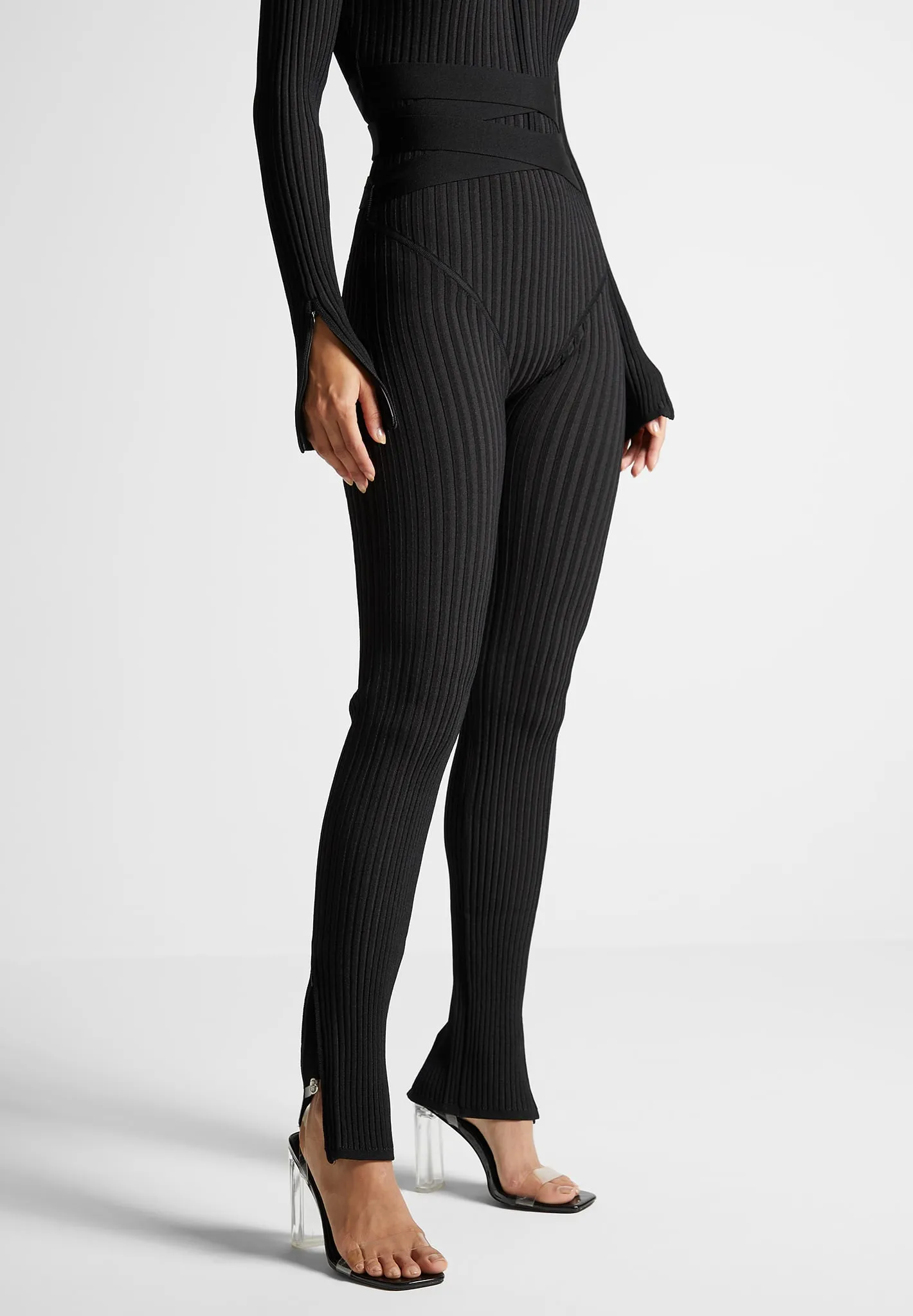 Knitted Two Tone Jumpsuit with Belt - Black