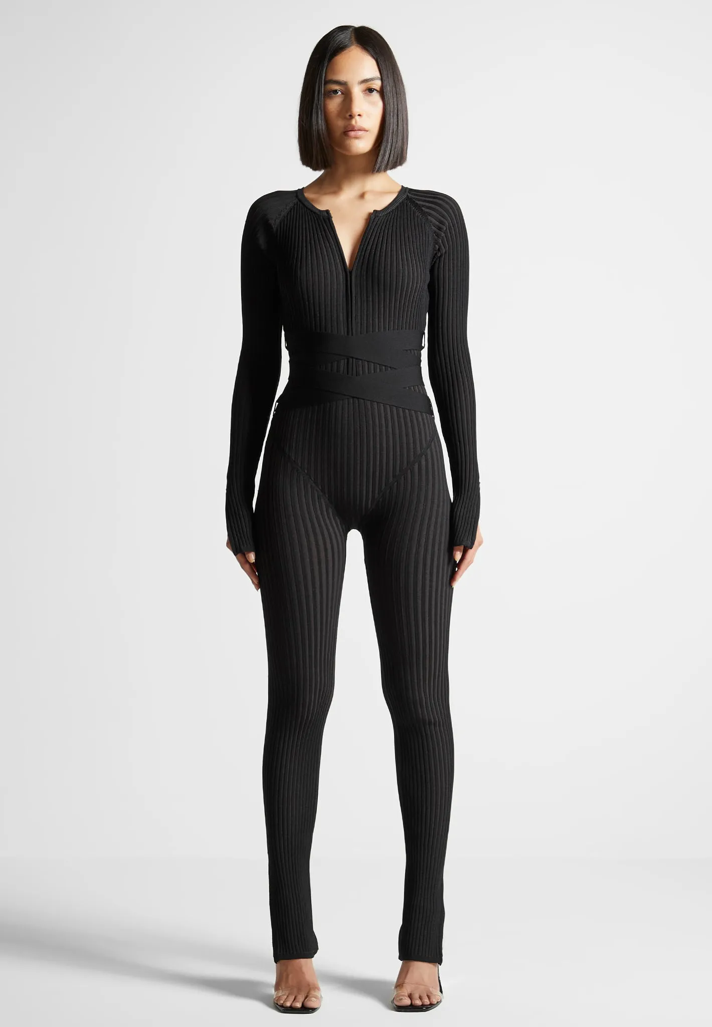 Knitted Two Tone Jumpsuit with Belt - Black