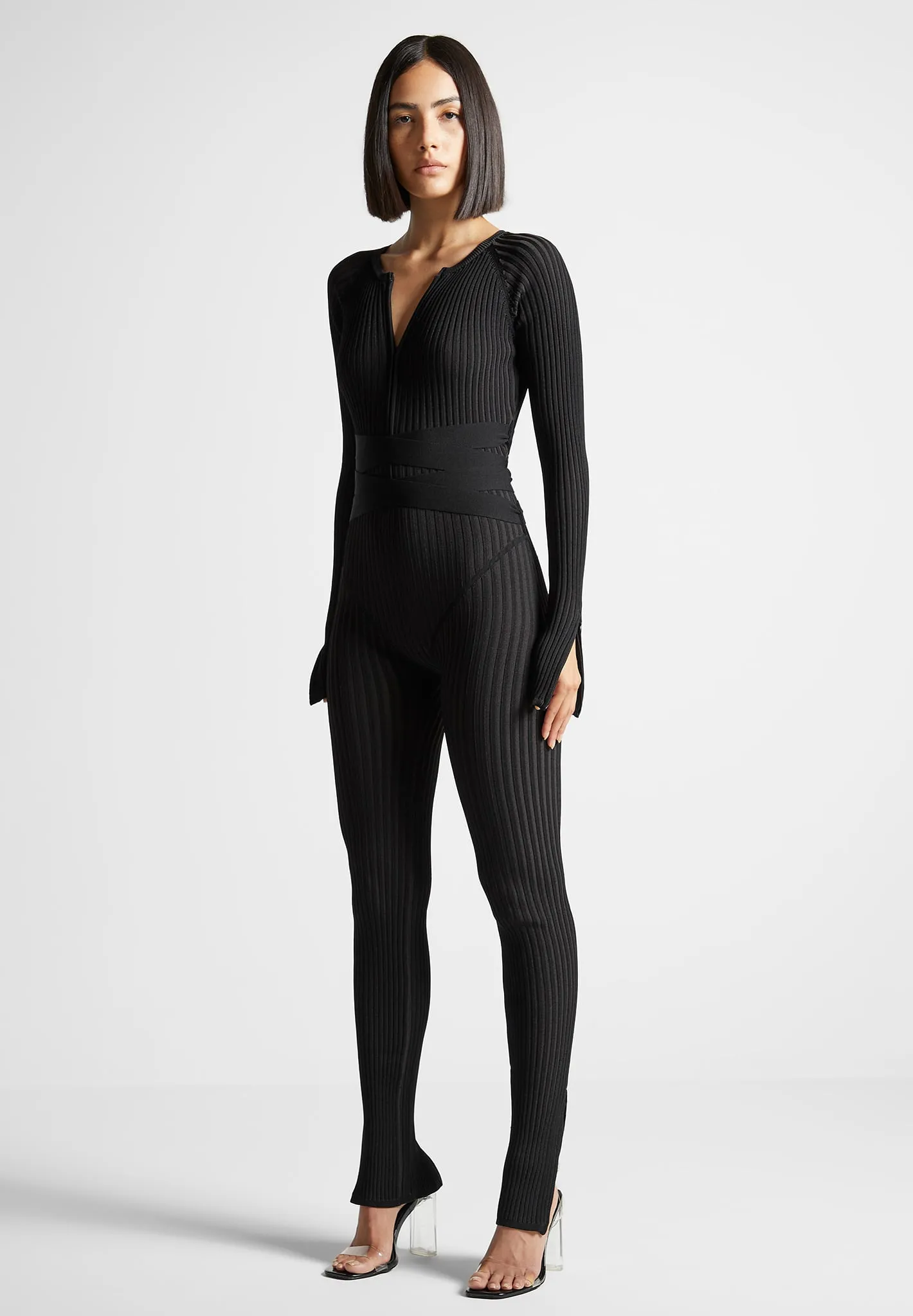 Knitted Two Tone Jumpsuit with Belt - Black