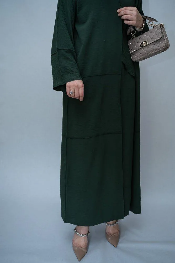 Latinia three piece maxi abaya in dark green with apron and inside out stitching