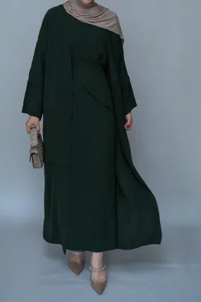 Latinia three piece maxi abaya in dark green with apron and inside out stitching