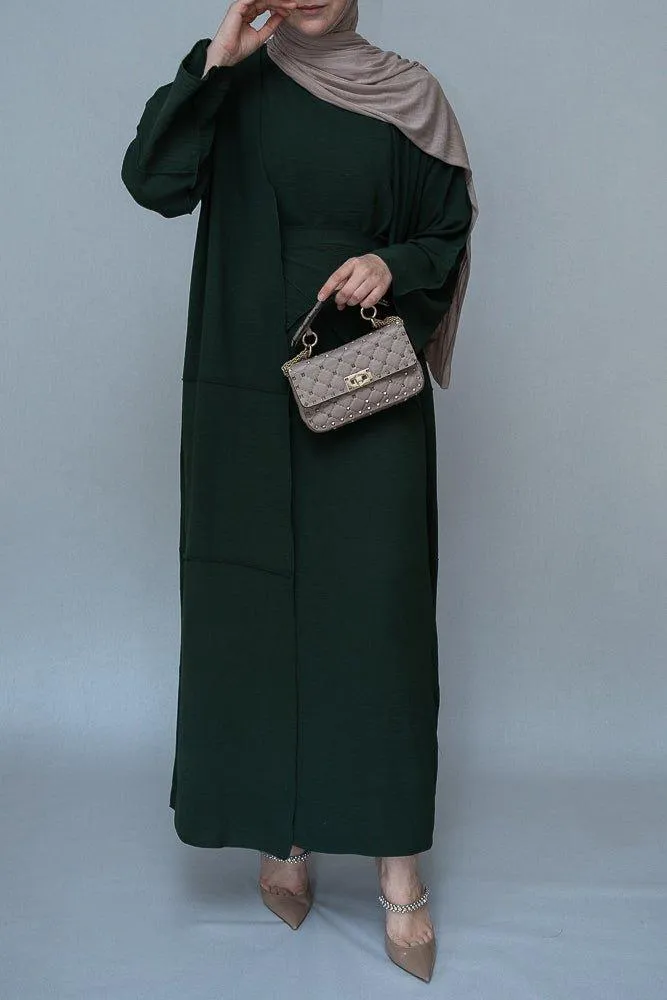 Latinia three piece maxi abaya in dark green with apron and inside out stitching