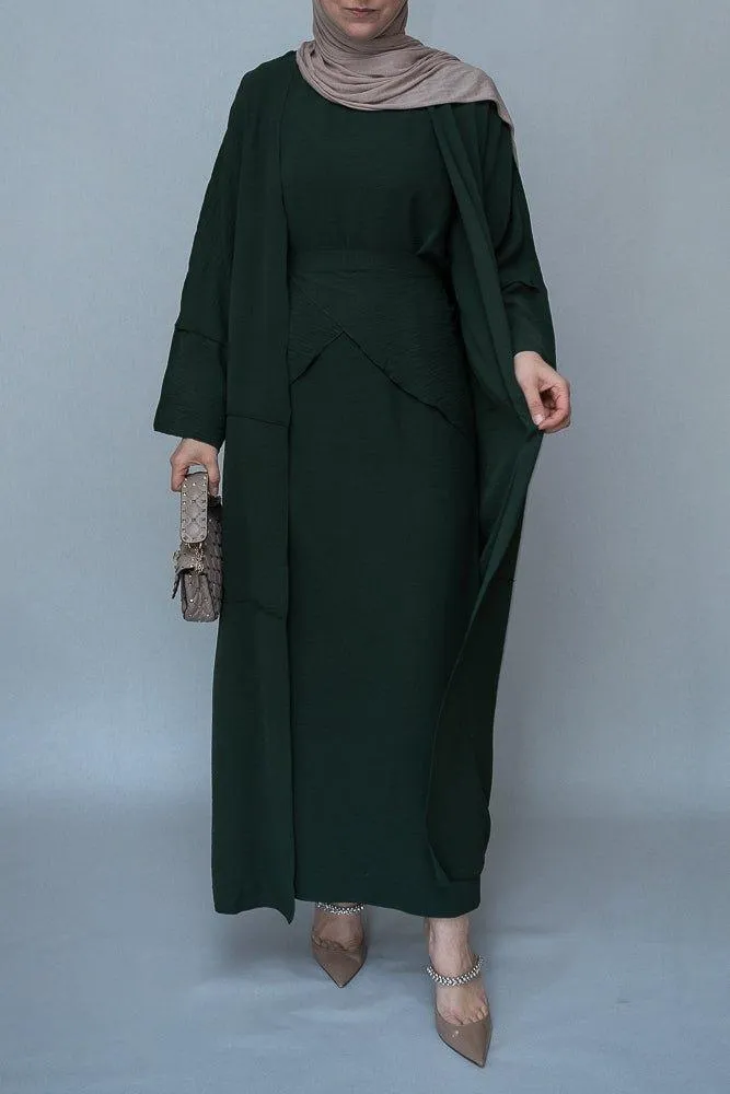 Latinia three piece maxi abaya in dark green with apron and inside out stitching