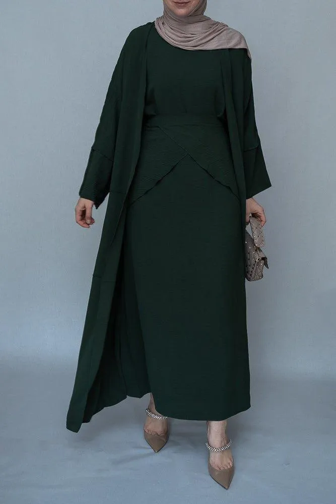 Latinia three piece maxi abaya in dark green with apron and inside out stitching