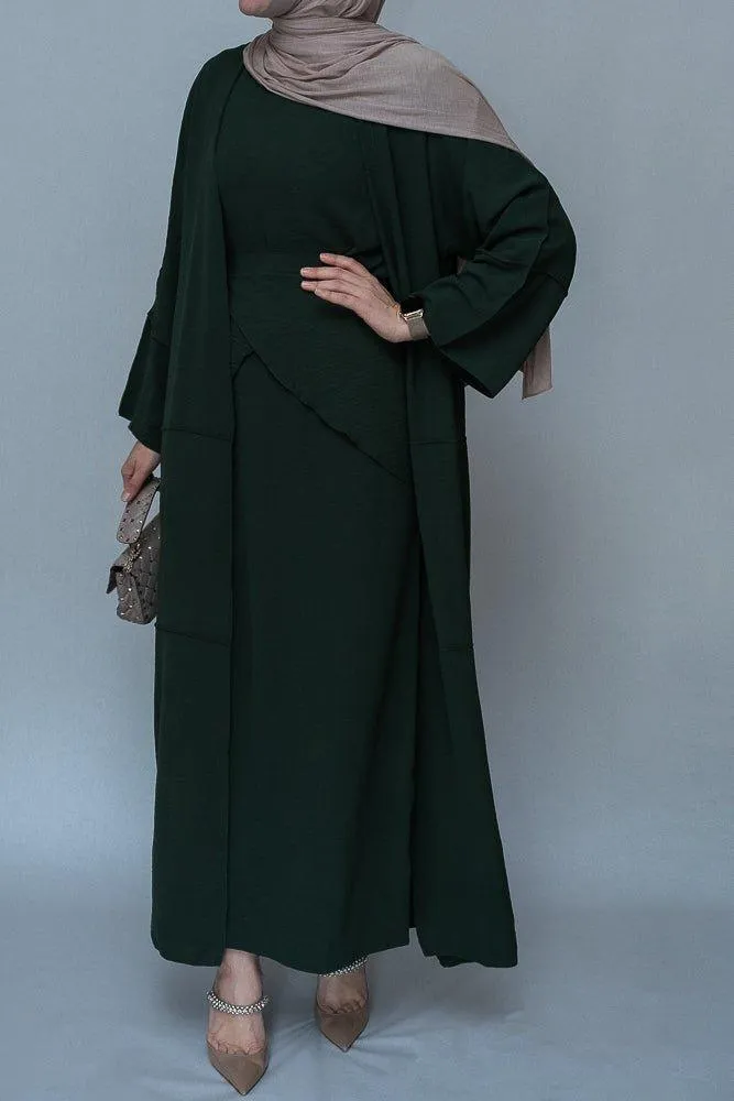 Latinia three piece maxi abaya in dark green with apron and inside out stitching