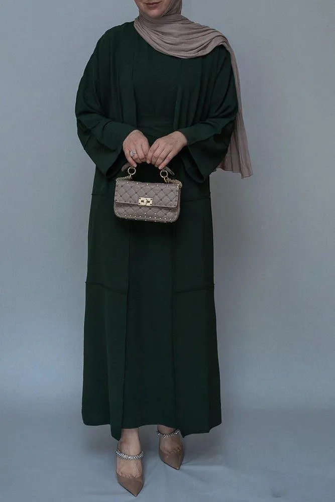 Latinia three piece maxi abaya in dark green with apron and inside out stitching