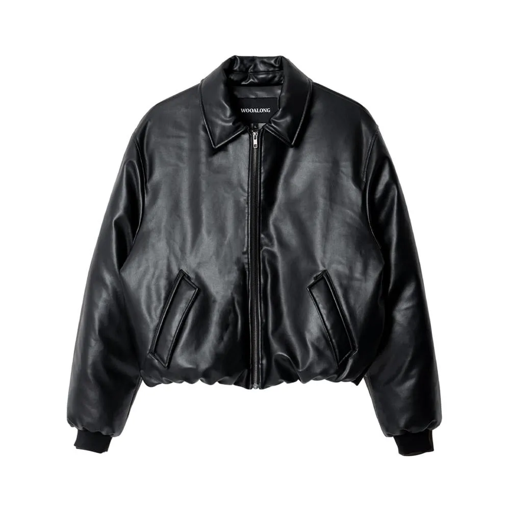 Leather padding bomber jacket black