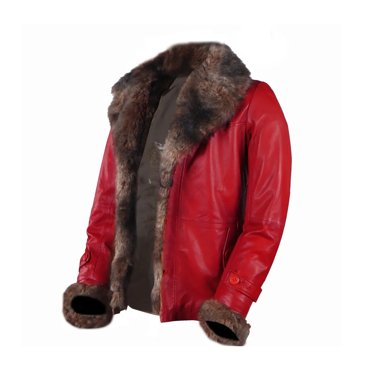 Light Weight Leather Long Red Jacket with Furr Collar & Sleeves By Brune & Bareskin