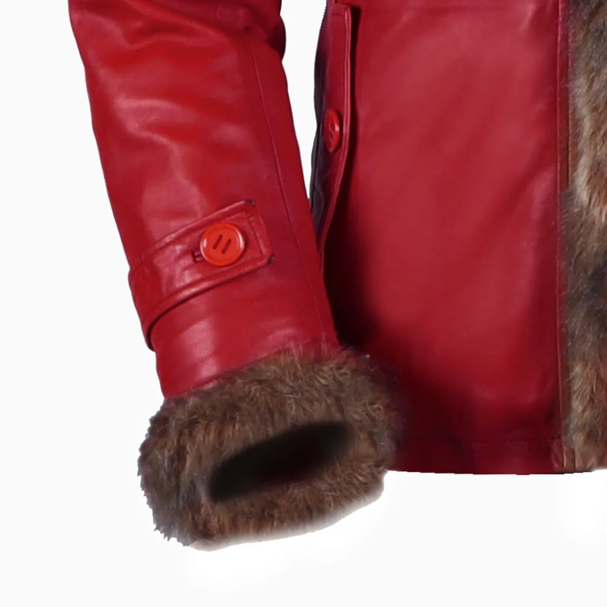 Light Weight Leather Long Red Jacket with Furr Collar & Sleeves By Brune & Bareskin