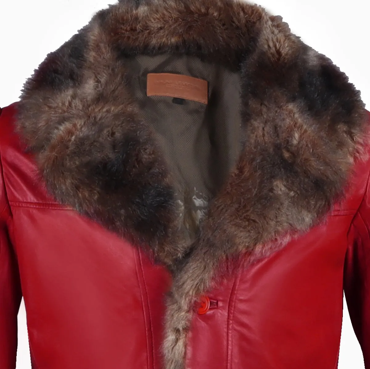 Light Weight Leather Long Red Jacket with Furr Collar & Sleeves By Brune & Bareskin