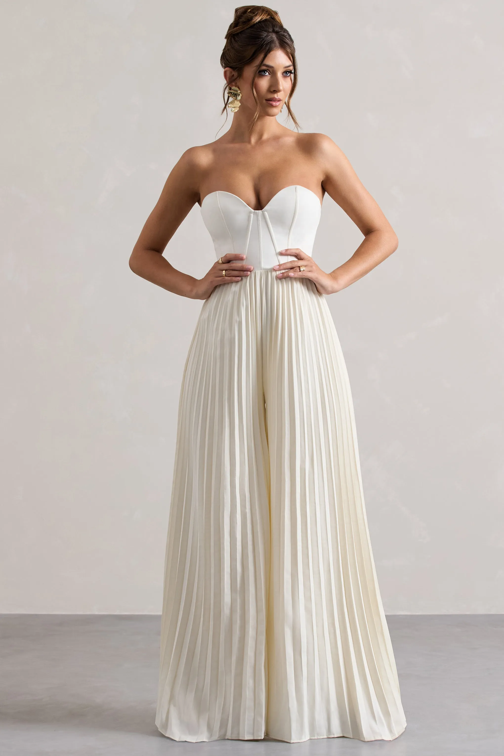 Lorelai | Cream Corset Plisse Wide-Leg Jumpsuit