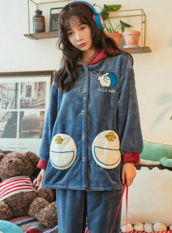 LOVELY CAT HOODED CORAL VELVET CARTOON DORAEMON