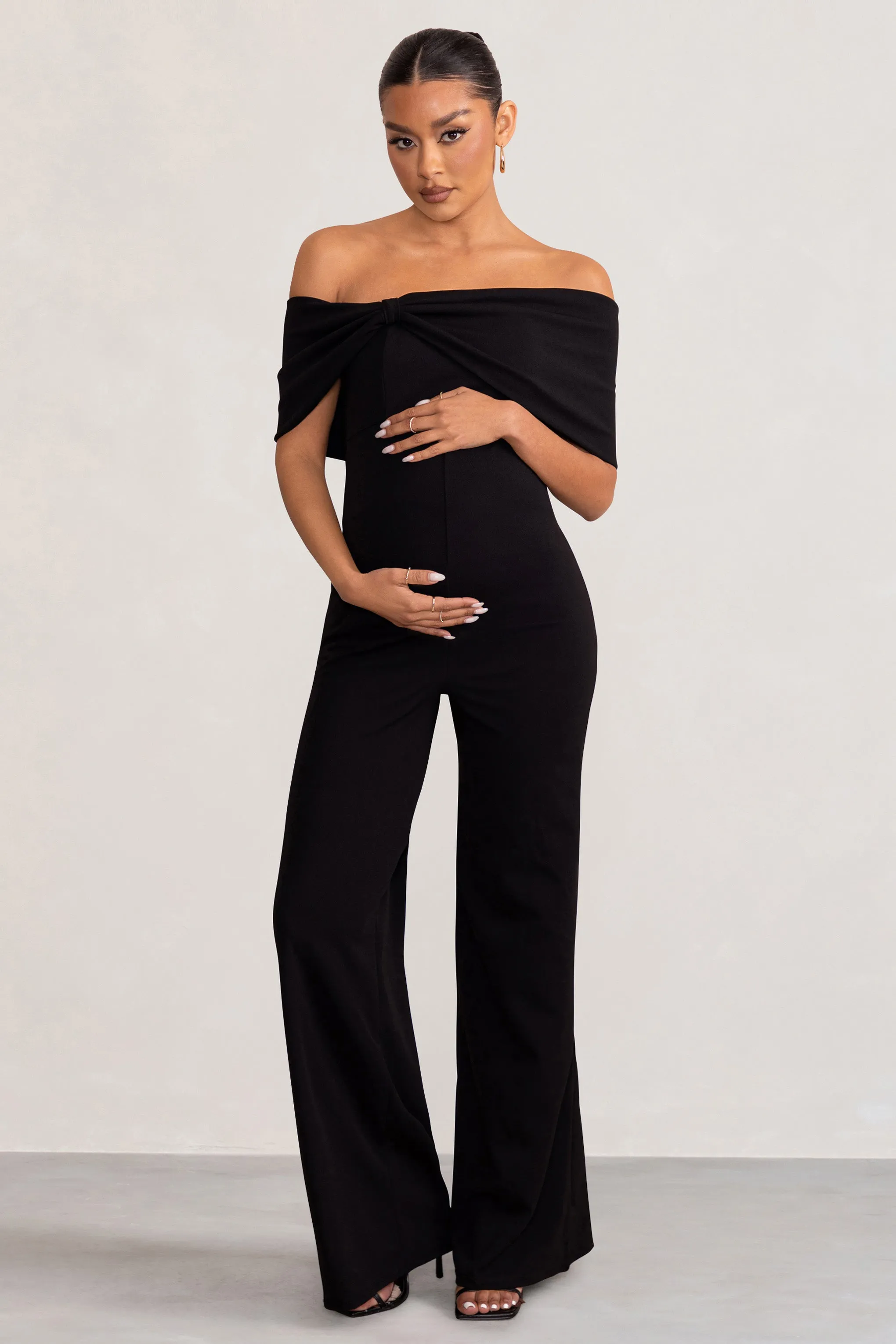 Meave | Black Bardot Bow Maternity Jumpsuit