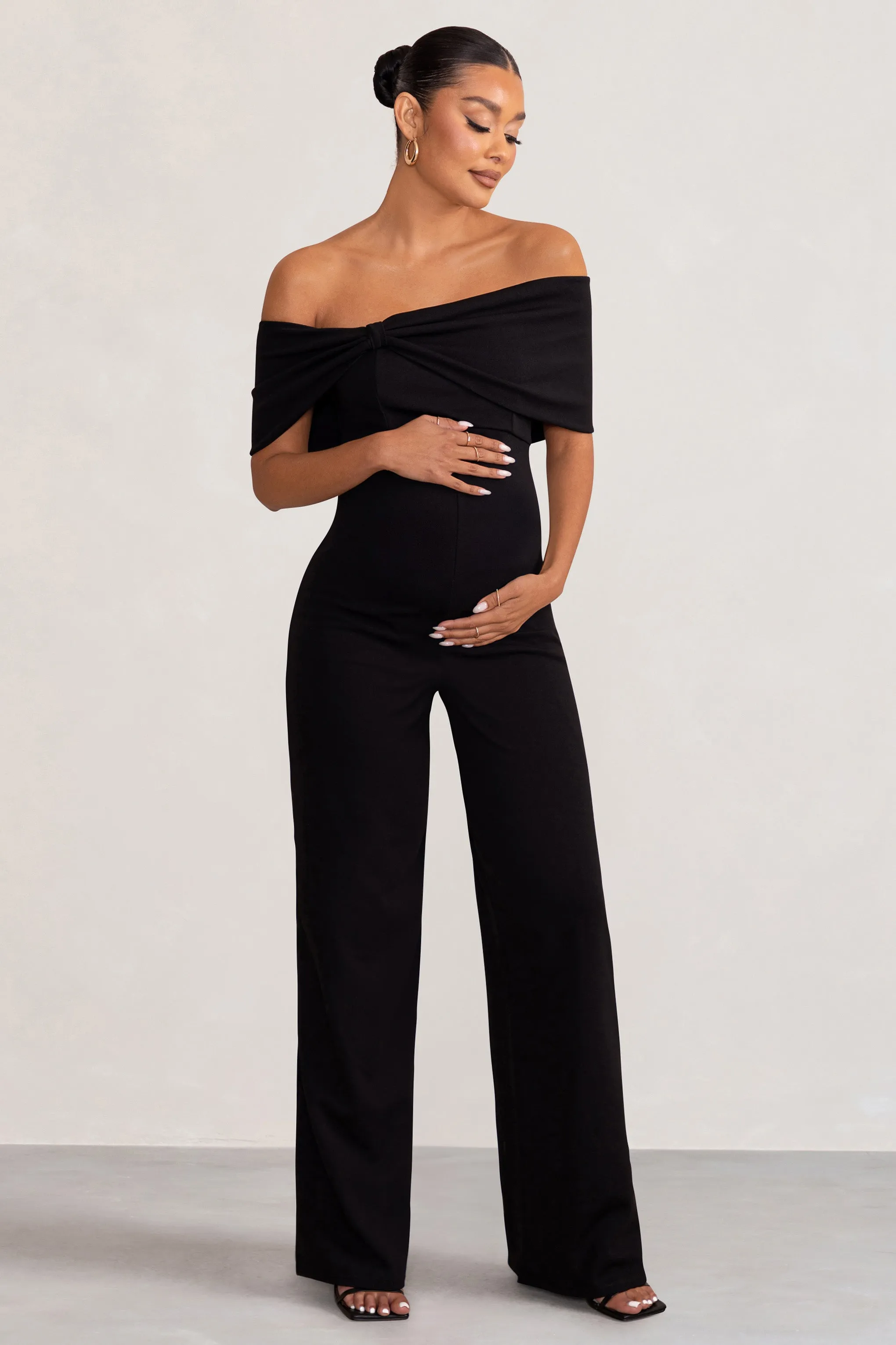 Meave | Black Bardot Bow Maternity Jumpsuit