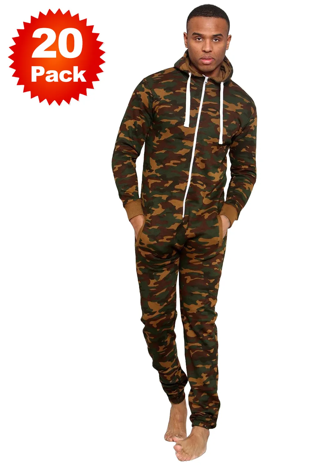 Mens Camouflage Army Printed Hooded Jumpsuit - 5/10/20 Pack