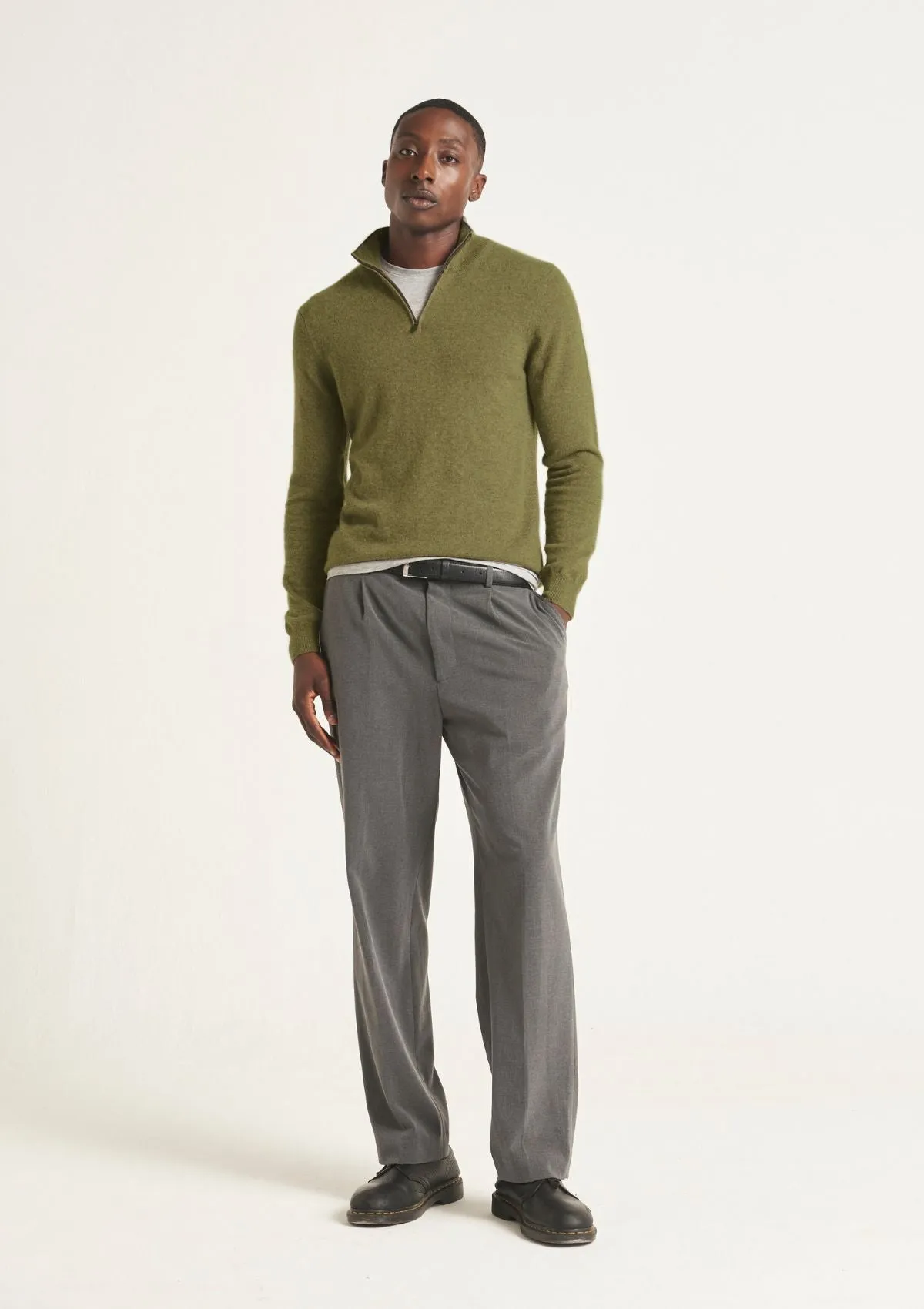 Mens Cashmere Half Zip Sweater in Bayleaf Green