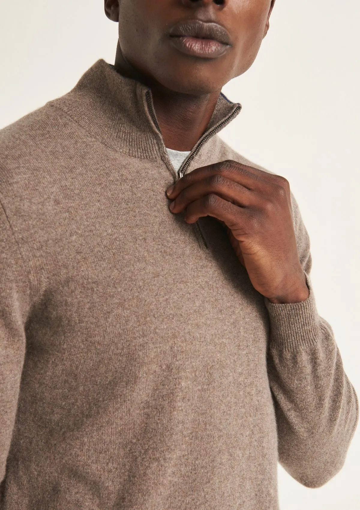 Mens Cashmere Half Zip Sweater in Otter Brown