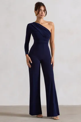 Mila | Navy One Shoulder Ruched Wide Leg Jumpsuit