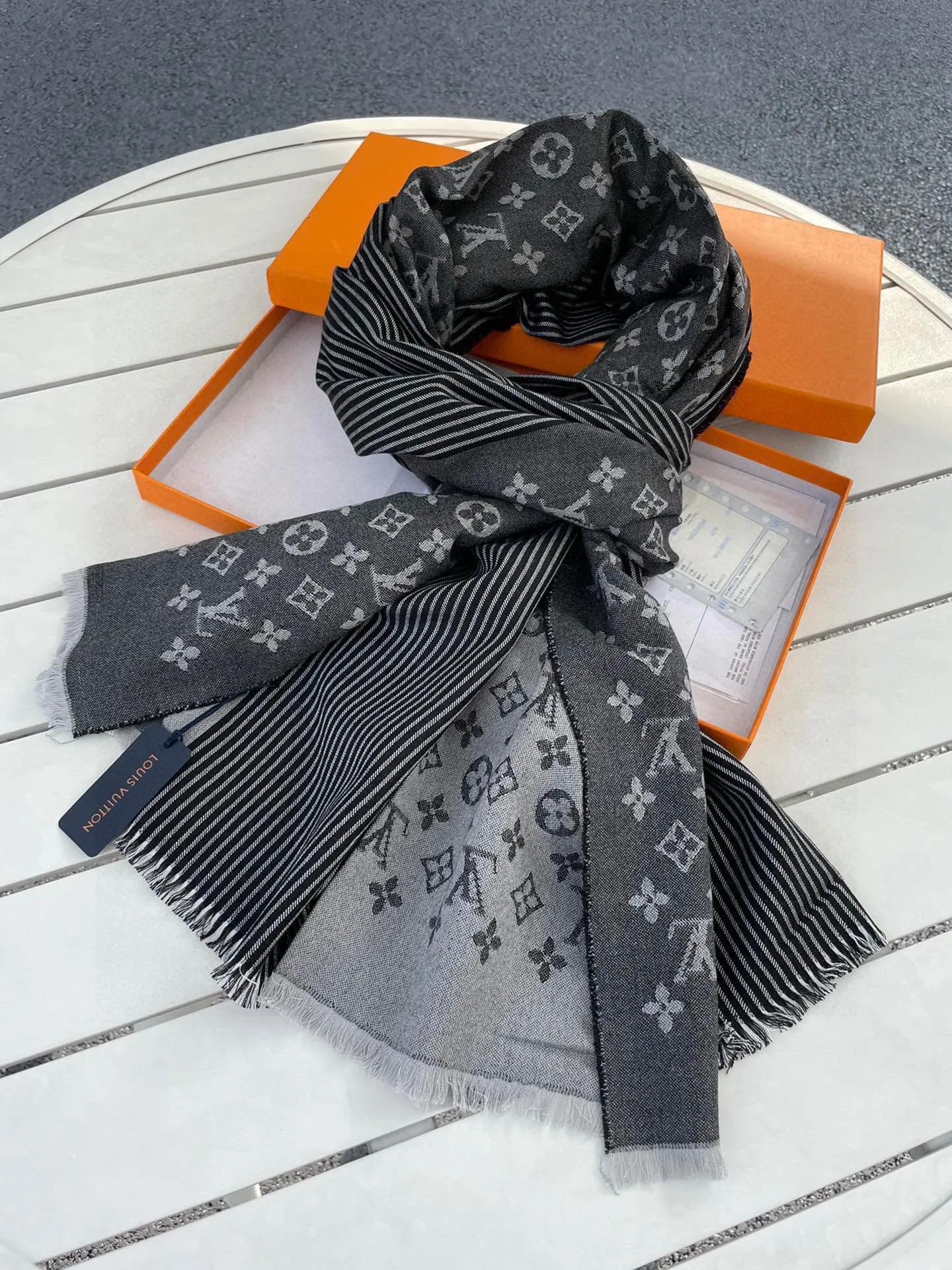 MONOGRAM SCARF 200 CM IN BLACK CASHMERE AND SILK 388078