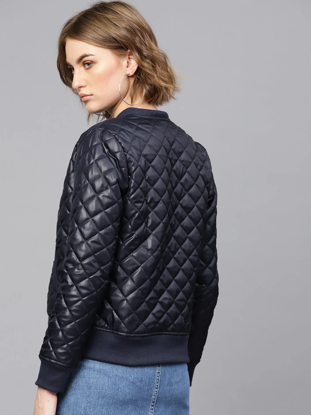 Navy Quilted Bomber Jacket