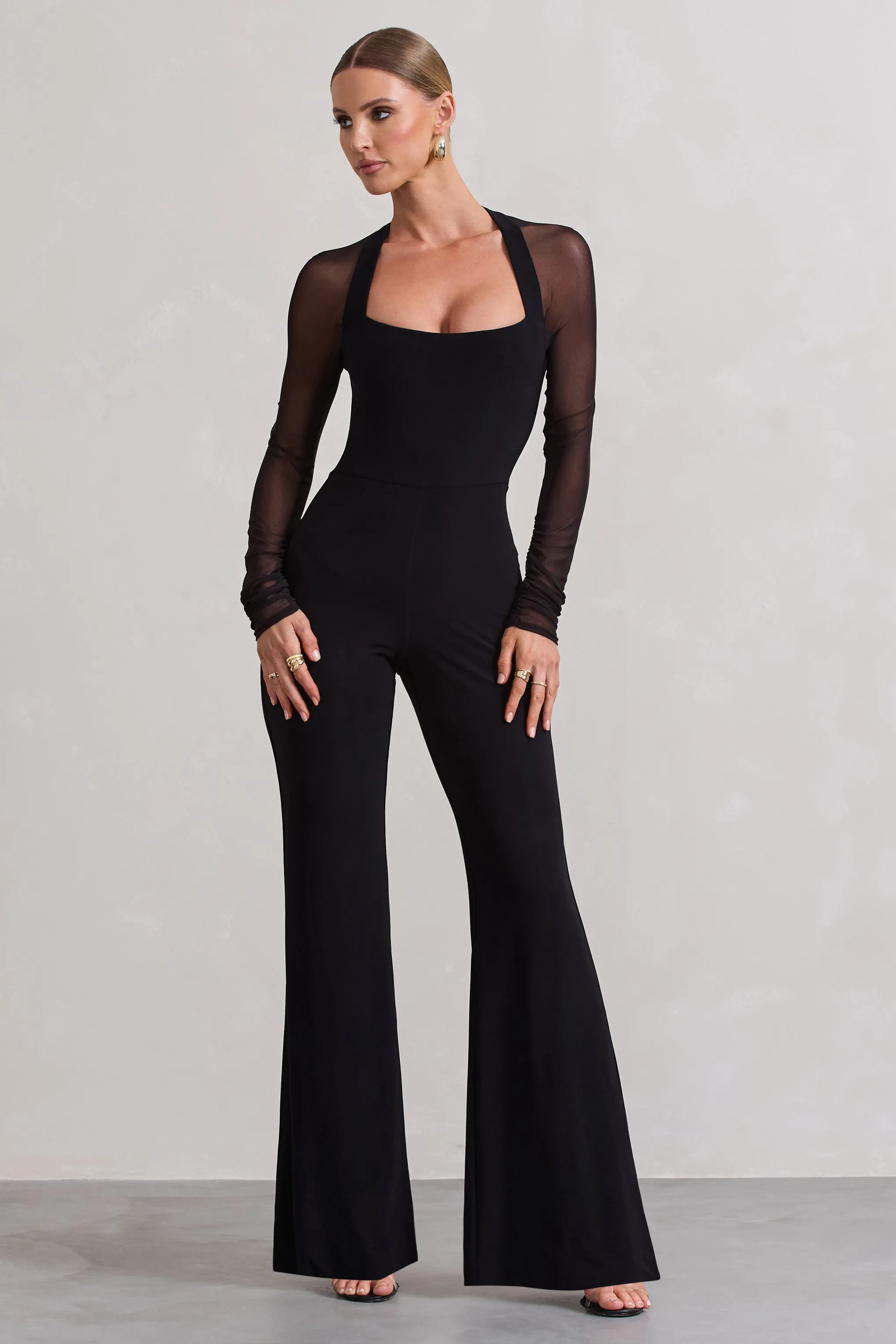 On Track | Black Flared-Leg Jumpsuit With Sheer Sleeves