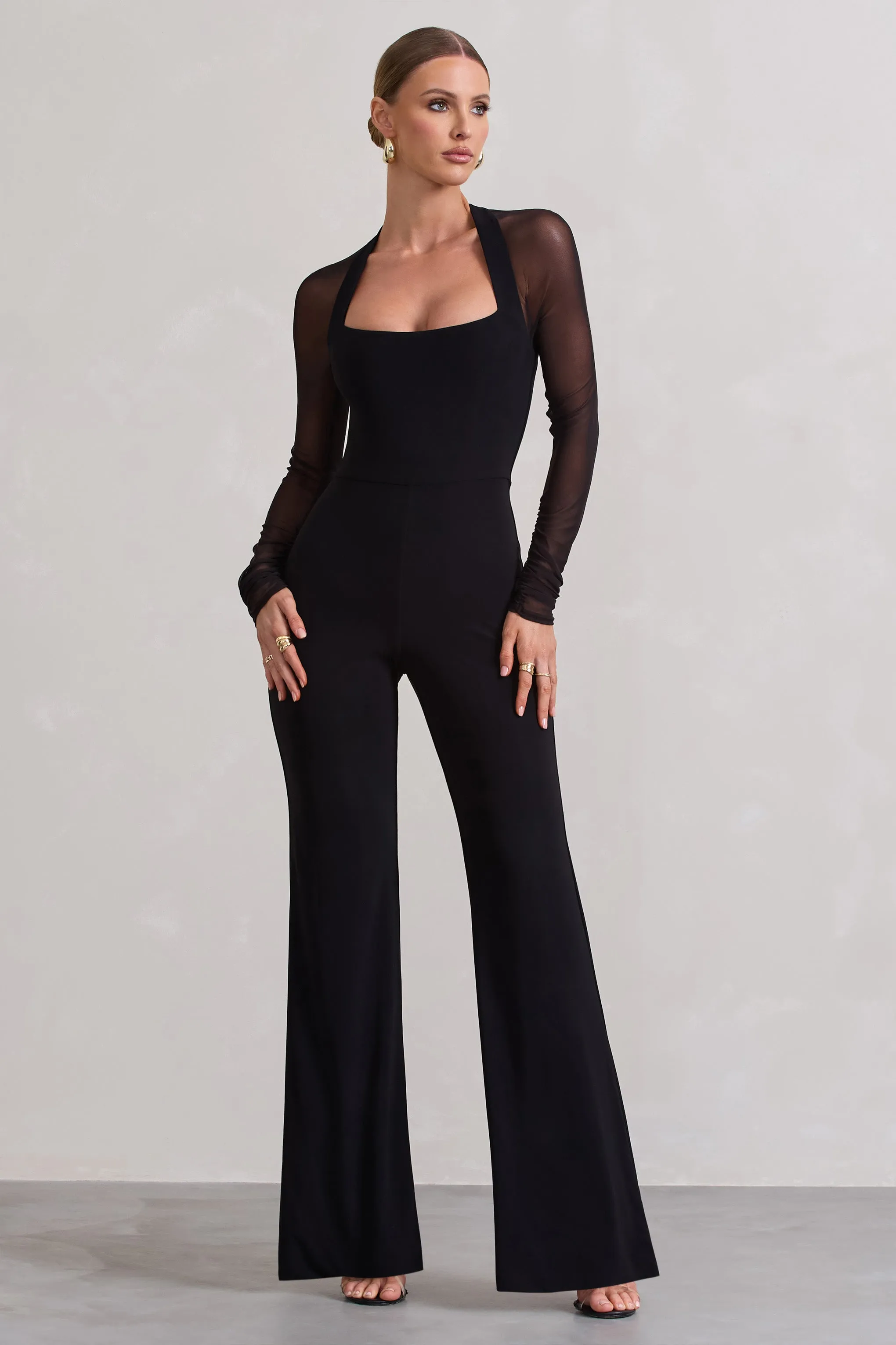 On Track | Black Flared-Leg Jumpsuit With Sheer Sleeves