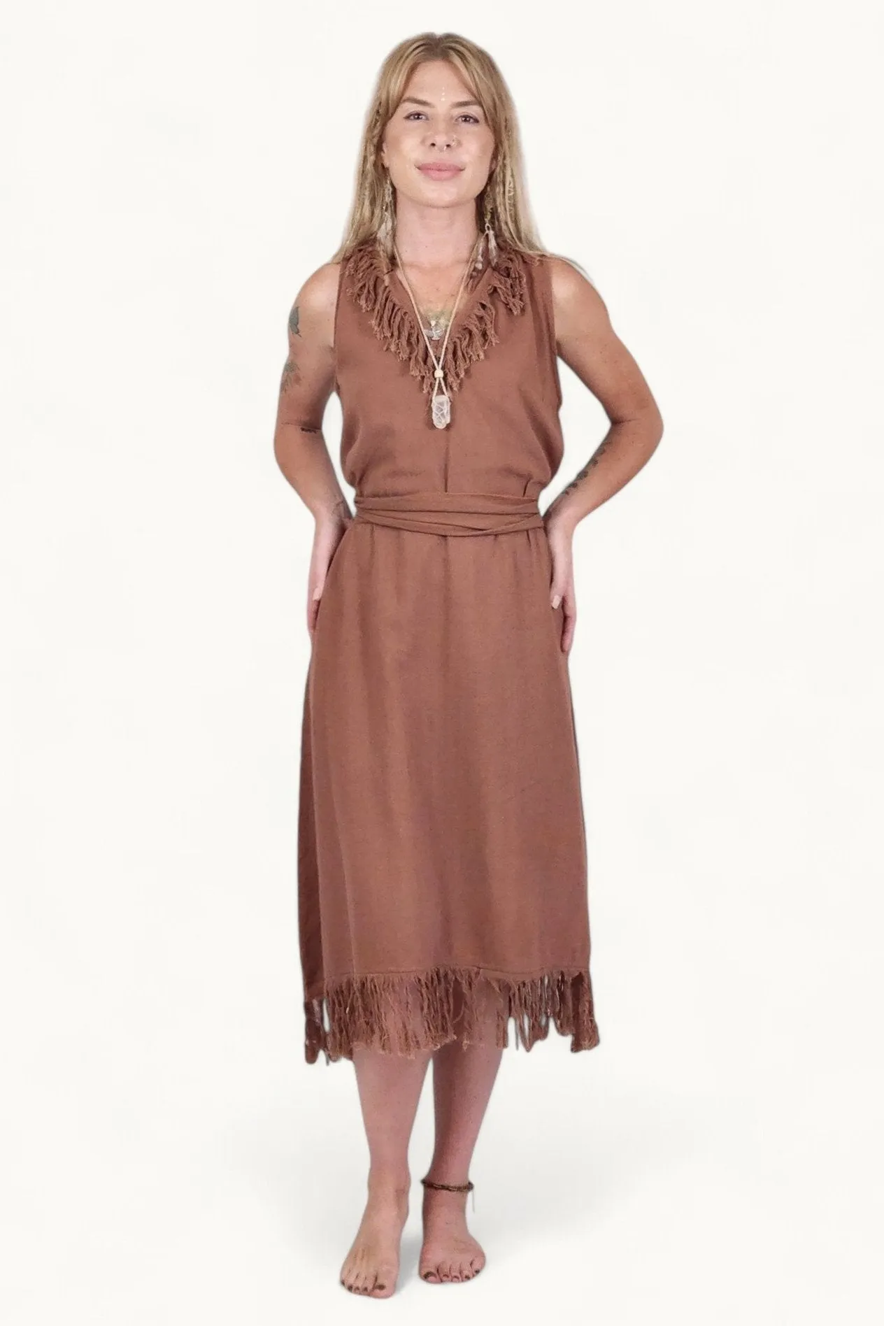 Organic Cotton Terracotta Fringe Dress (Open Back)