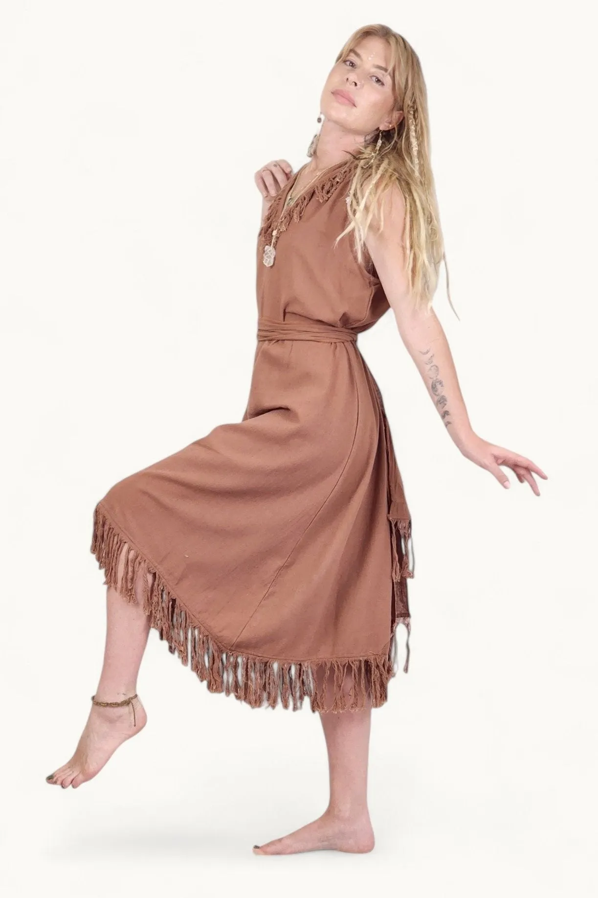 Organic Cotton Terracotta Fringe Dress (Open Back)