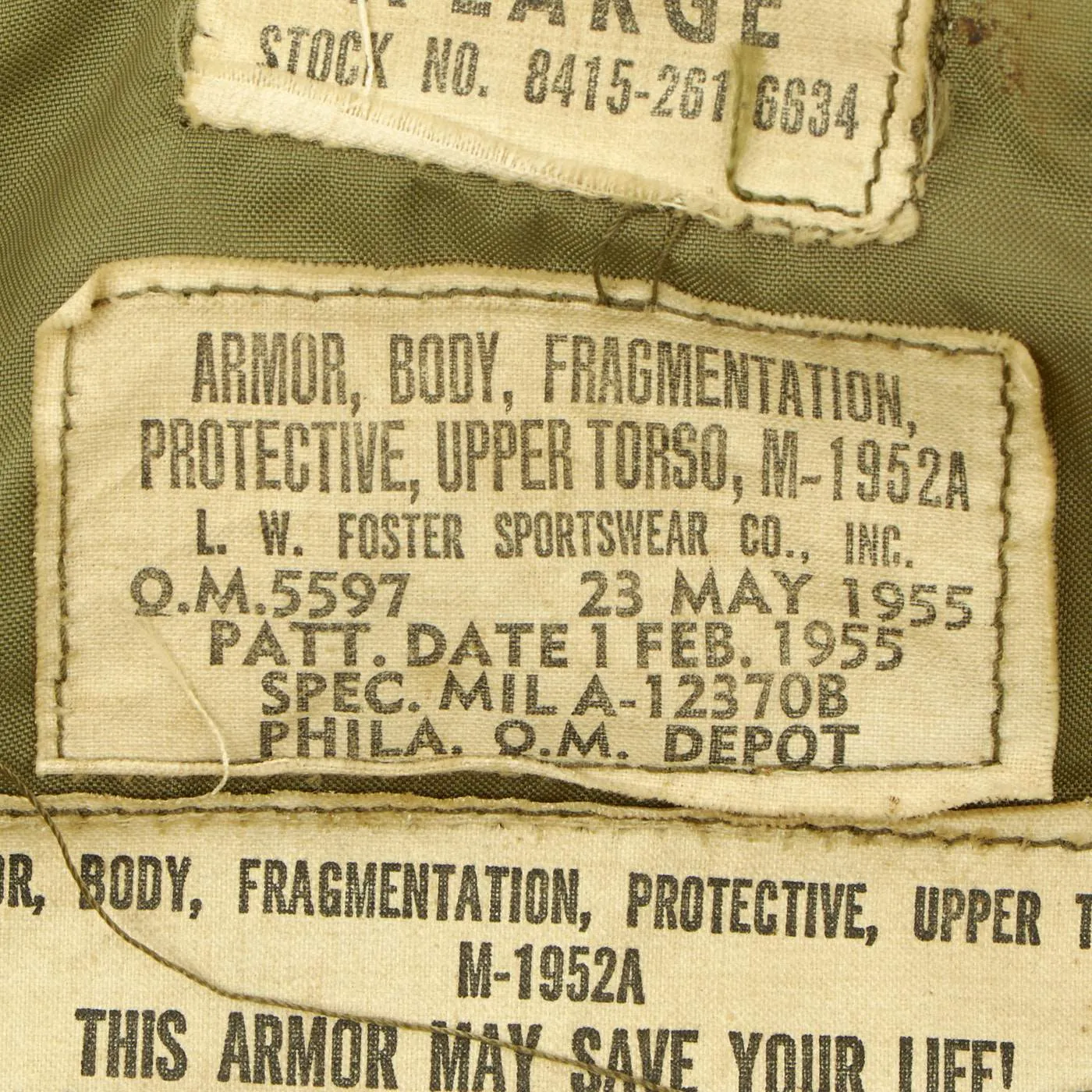 Original U.S. Vietnam War M-1952A XL Flak Body Armor Vest by Foster with Army Use and Care Manual