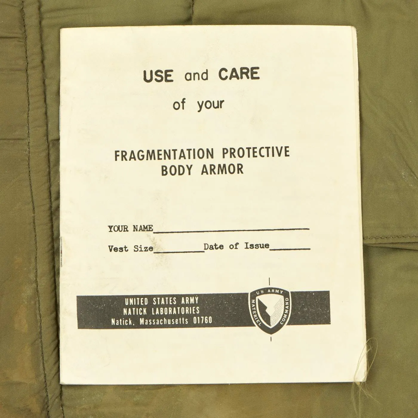 Original U.S. Vietnam War M-1952A XL Flak Body Armor Vest by Foster with Army Use and Care Manual