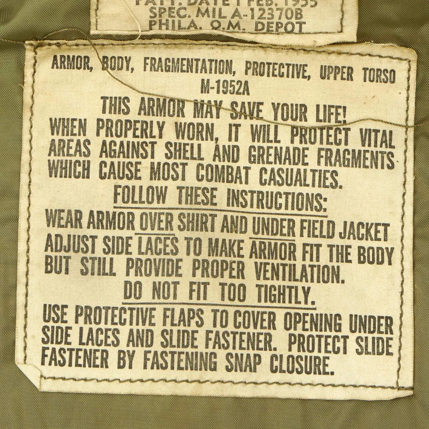 Original U.S. Vietnam War M-1952A XL Flak Body Armor Vest by Foster with Army Use and Care Manual