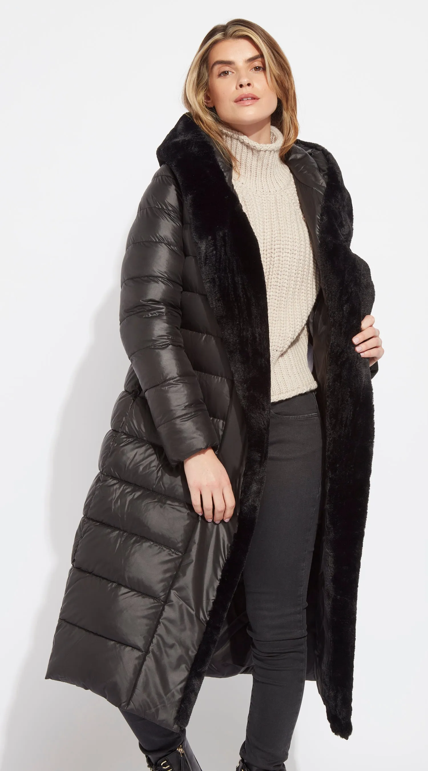 OUTLET Luxy Long-Line Faux Fur Padded Jacket - Black