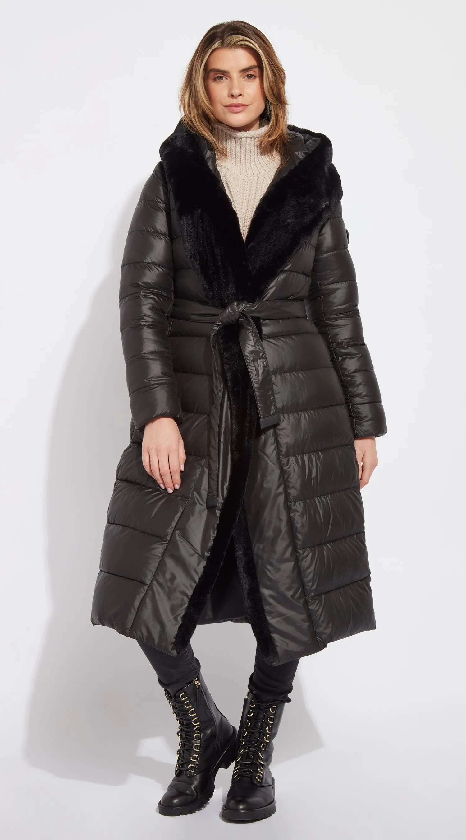 OUTLET Luxy Long-Line Faux Fur Padded Jacket - Black