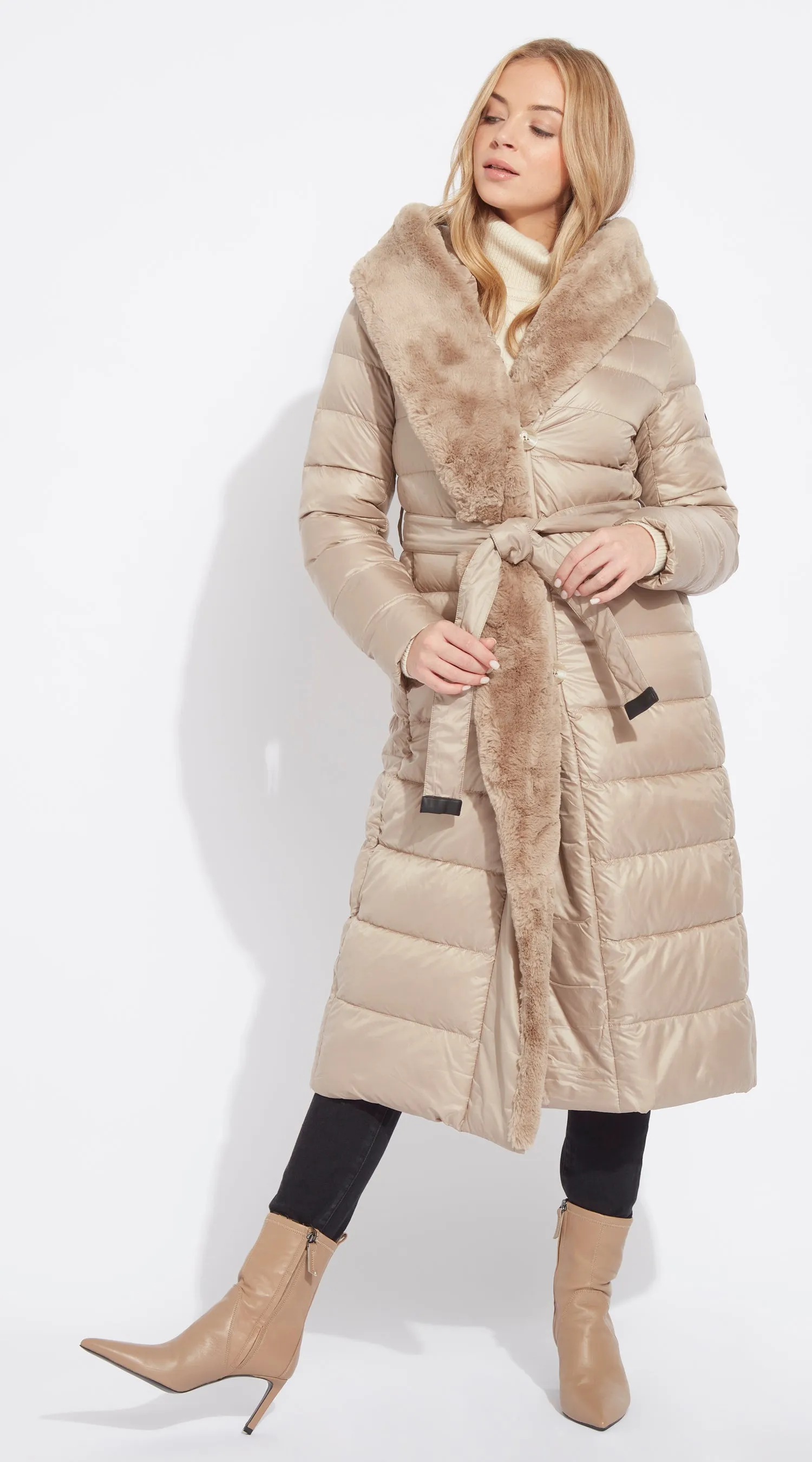 OUTLET Luxy Long-Line Faux Fur Padded Jacket - Taupe