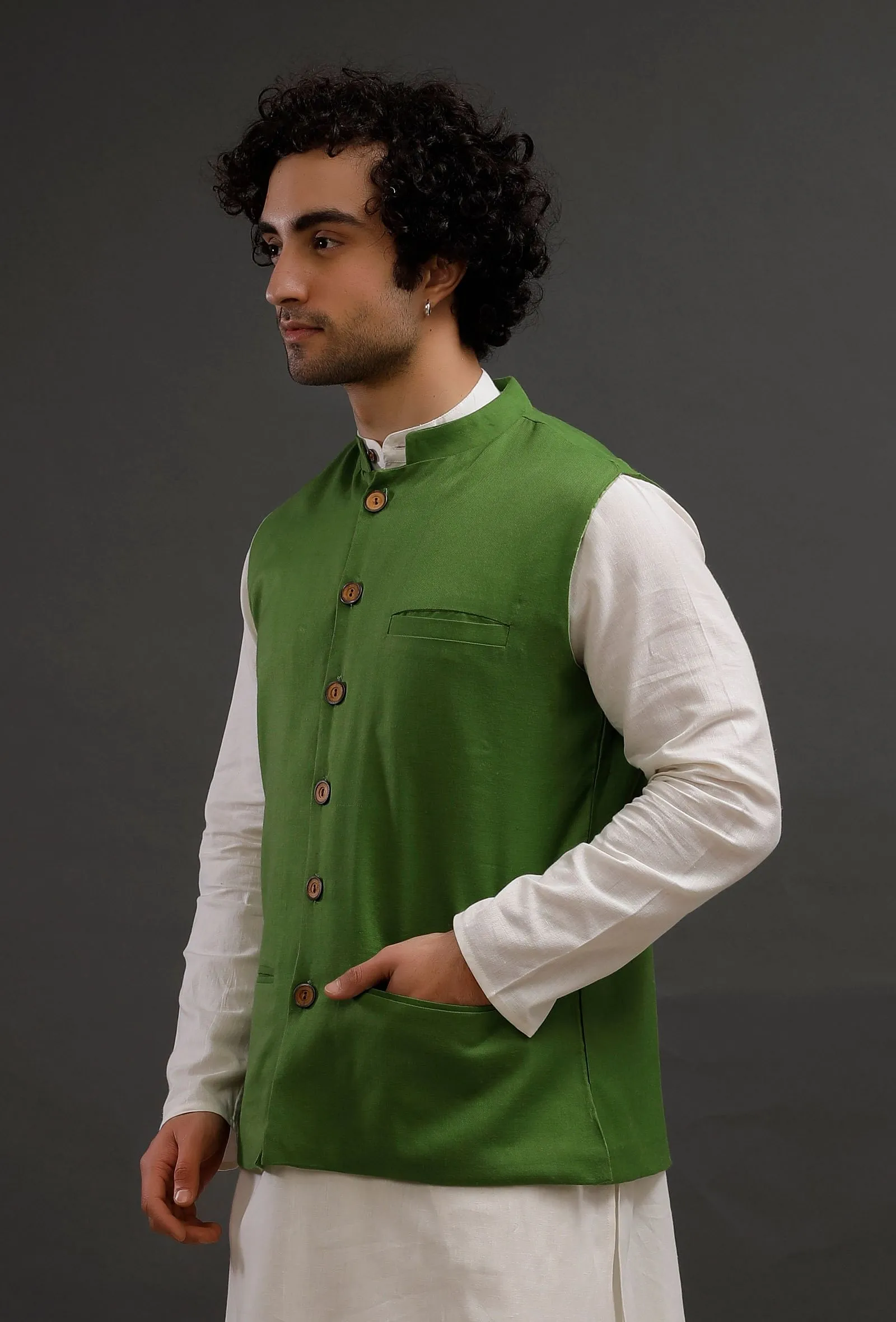 Parrot Green Woollen Blend Nehru Jacket