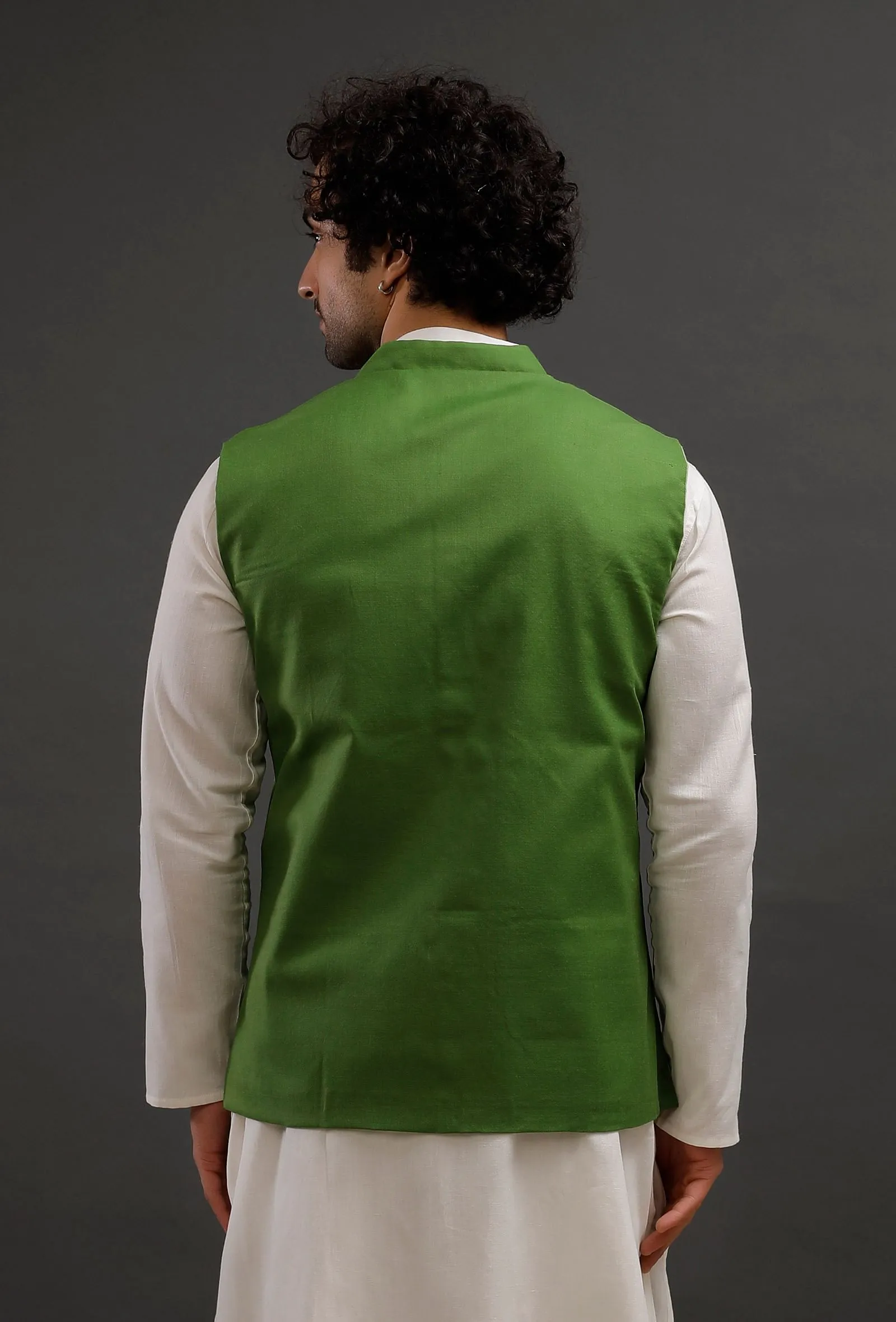 Parrot Green Woollen Blend Nehru Jacket