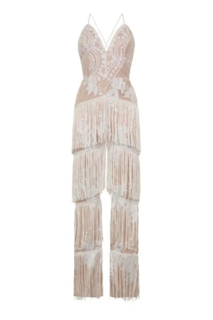 Peru White Nude Plunge Floral Sequin Fringe Jumpsuit