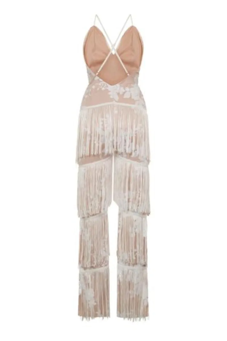 Peru White Nude Plunge Floral Sequin Fringe Jumpsuit