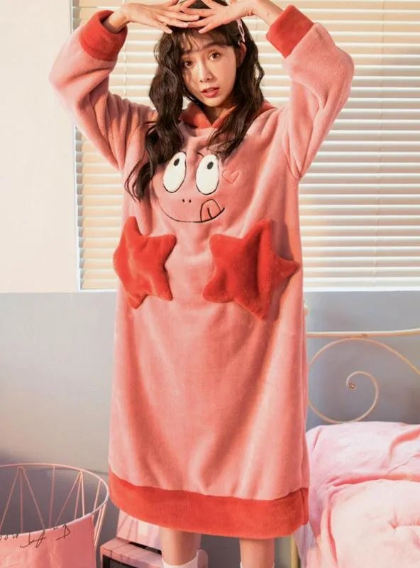 PINK CORAL VELVET LONG SLEEVE HOODED NIGHTDRESS