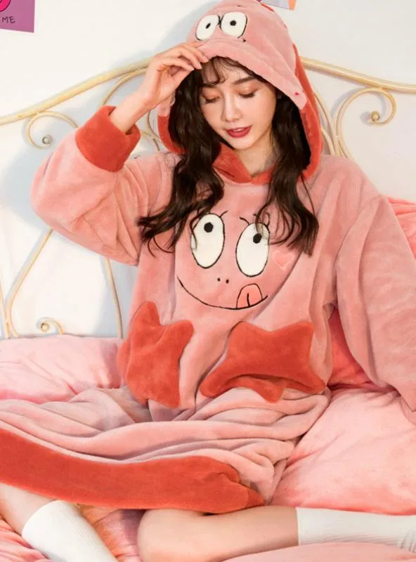 PINK CORAL VELVET LONG SLEEVE HOODED NIGHTDRESS