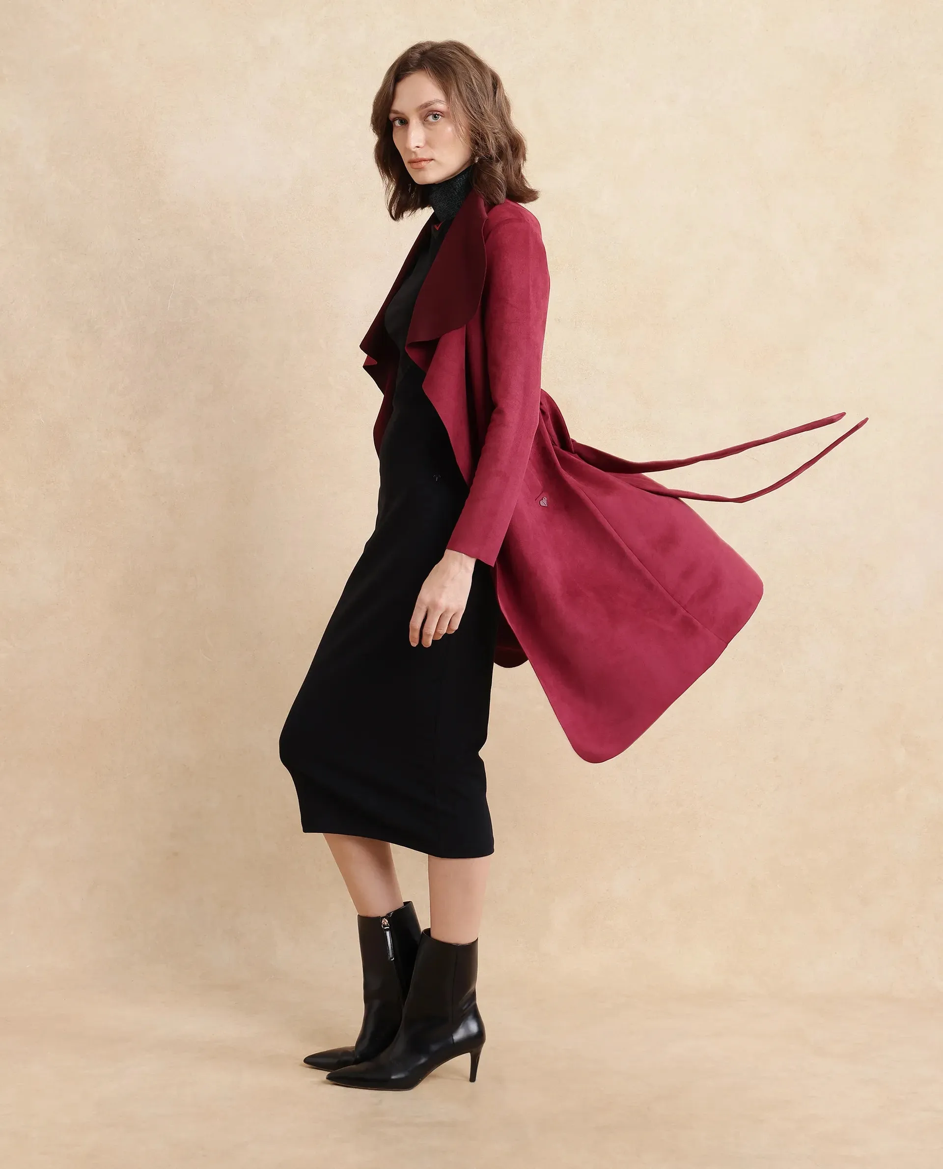 Rareism Women Palmer 2 Maroon Suede Full Sleeve Waterfall Neck Boxy Fit Midi Plain Jacket