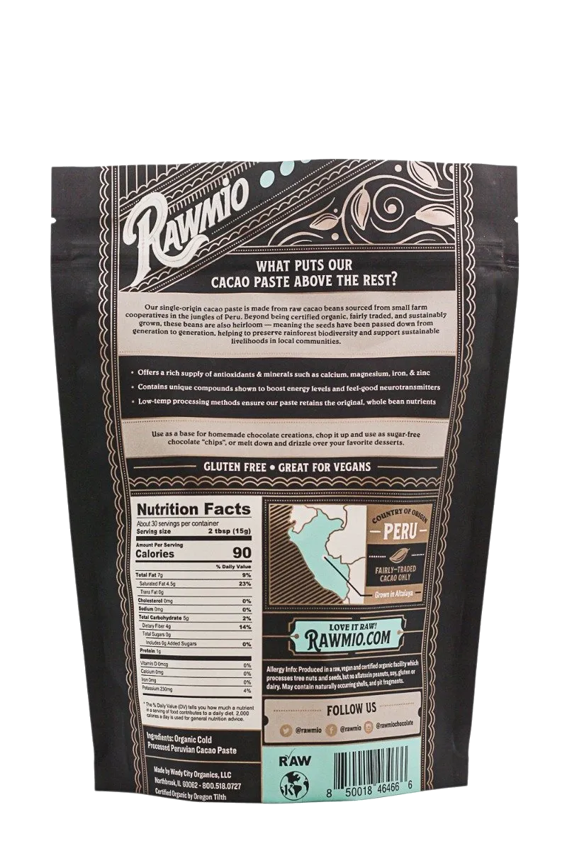 Raw Organic Cacao Paste - Unsweetened - 16 oz