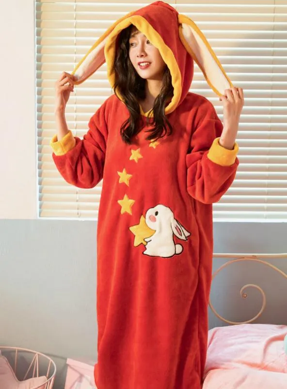 RED RABBIT LONG SLEEVE HOODED CORAL FLEECE BATHROBE