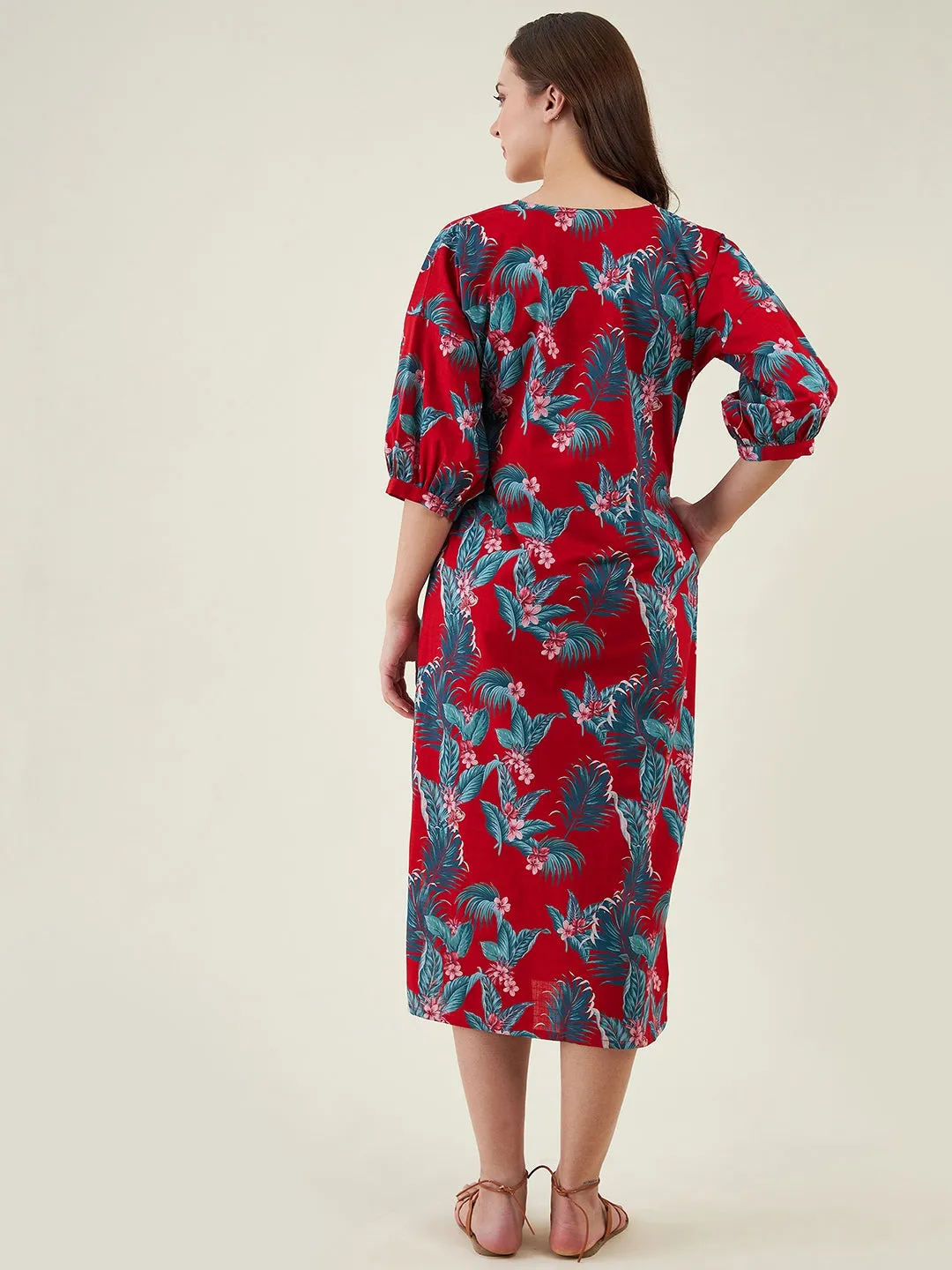 Red Tropical Paradise Casual Linen Dress