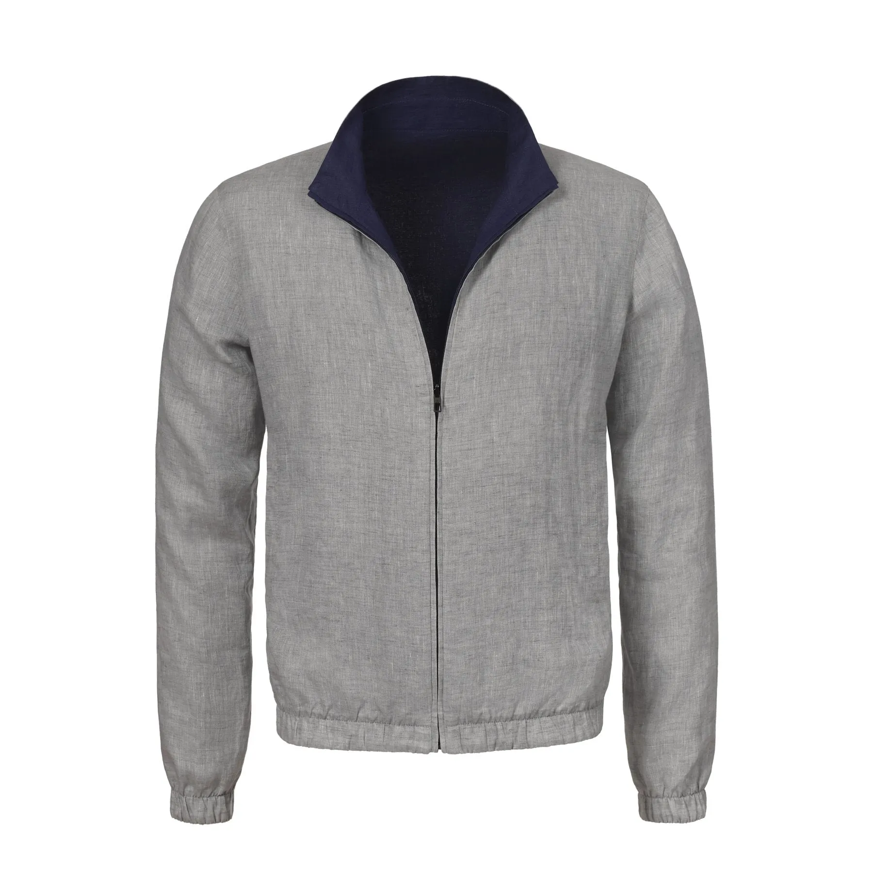 Reversible Linen Bomber Jacket in Navy Blue and Grey