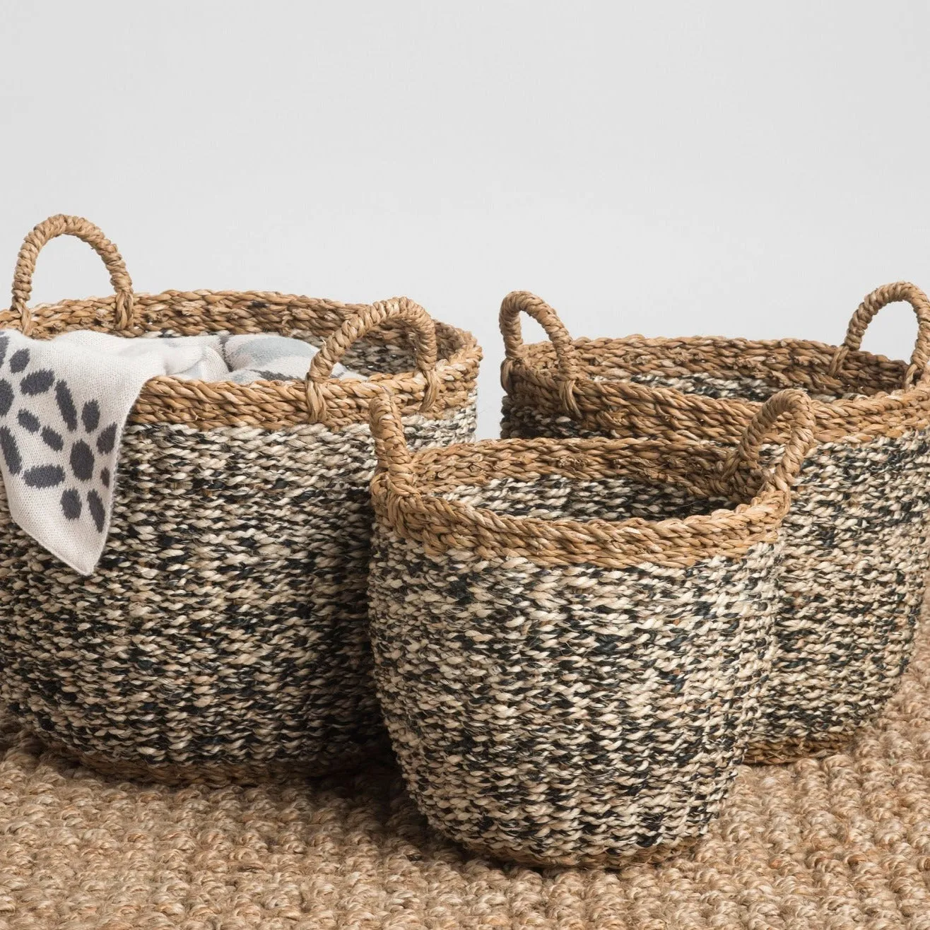 Set of 3 Ebony Handmade Grey Seagrass and Jute Storage Baskets & Planters with Handles