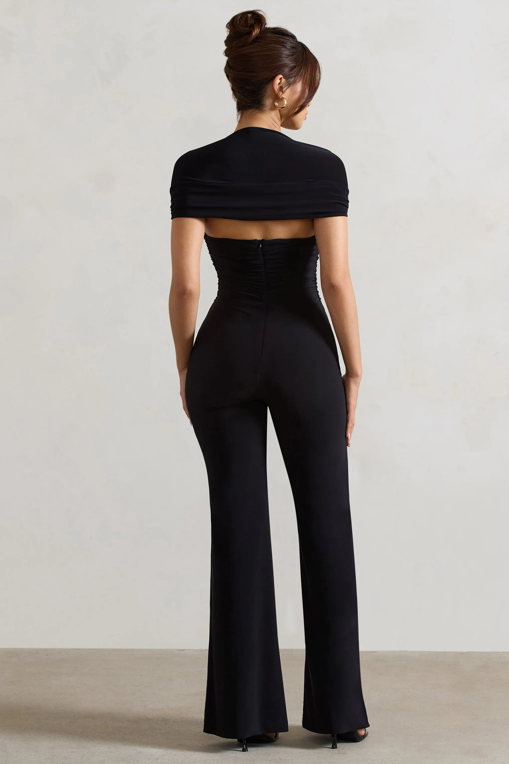 Silvanna | Black Ruched Square-Neck Flared-Leg Jumpsuit